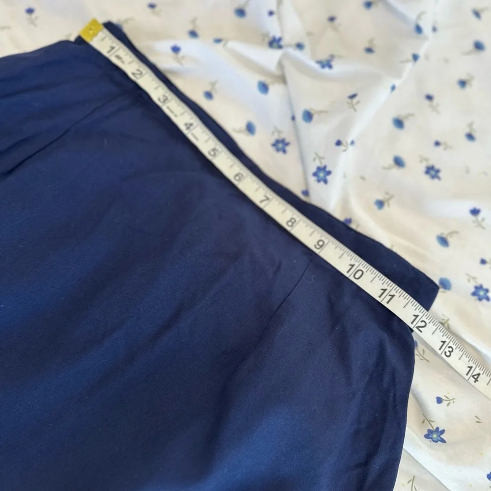 VTG 80s Hibis SzM Navy blue Lightweight midi-length pencil skirt Eyelet lace hem